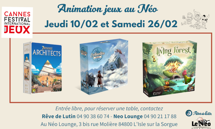 Animations jeux de société du 10 et 26 février 2022 au Néo Lounge