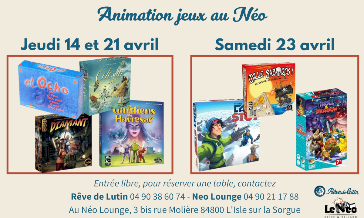 Animation Jeux de société d'avril au Néo Lounge Animation Jeux de société d'avril au Néo Lounge