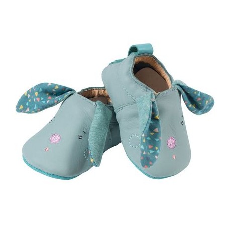 Chaussons Cuir Lapin Bleu Jolis Trop Beaux 0-6M
