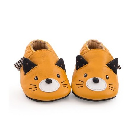 Chaussons cuir Chat moutarde Les Moustaches  0-6M