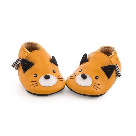 Chaussons cuir Chat moutarde Les Moustaches  0-6M