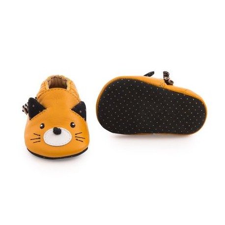 Chaussons cuir Chat moutarde Les Moustaches  0-6M