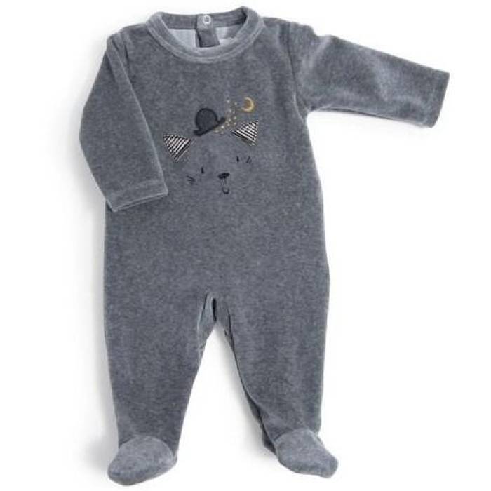 Pyjama en velours gris chiné tête de chat 3 mois