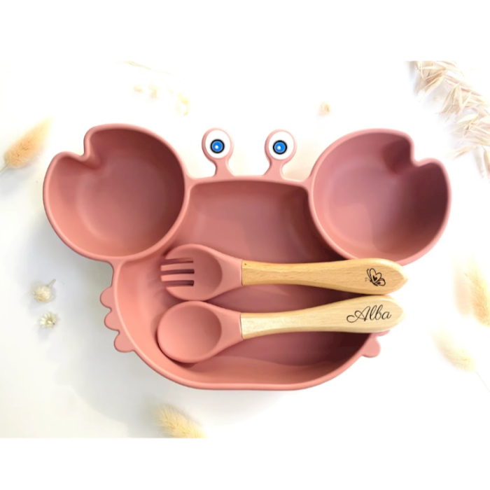 Coffret repas en silicone rose - Assiette/Couverts/Verre