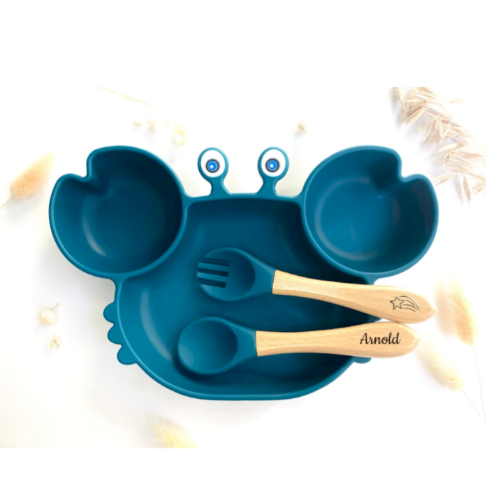 Coffret repas en silicone bleu pétrole - Assiette/Couverts/Verre
