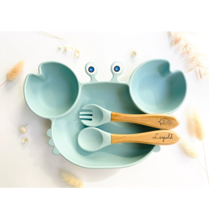 Coffret repas en silicone bleu ciel - Assiette/Couverts/Verre