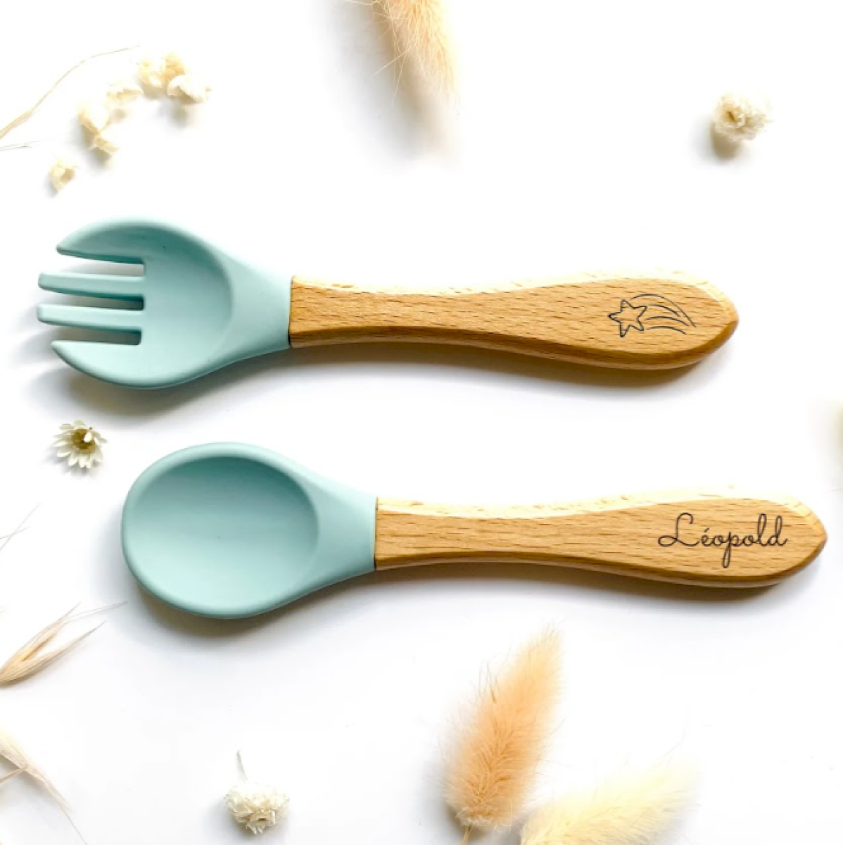 Coffret repas en silicone bleu ciel - Assiette/Couverts/Verre