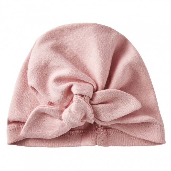 Bonnet naissance forme turban rose thé