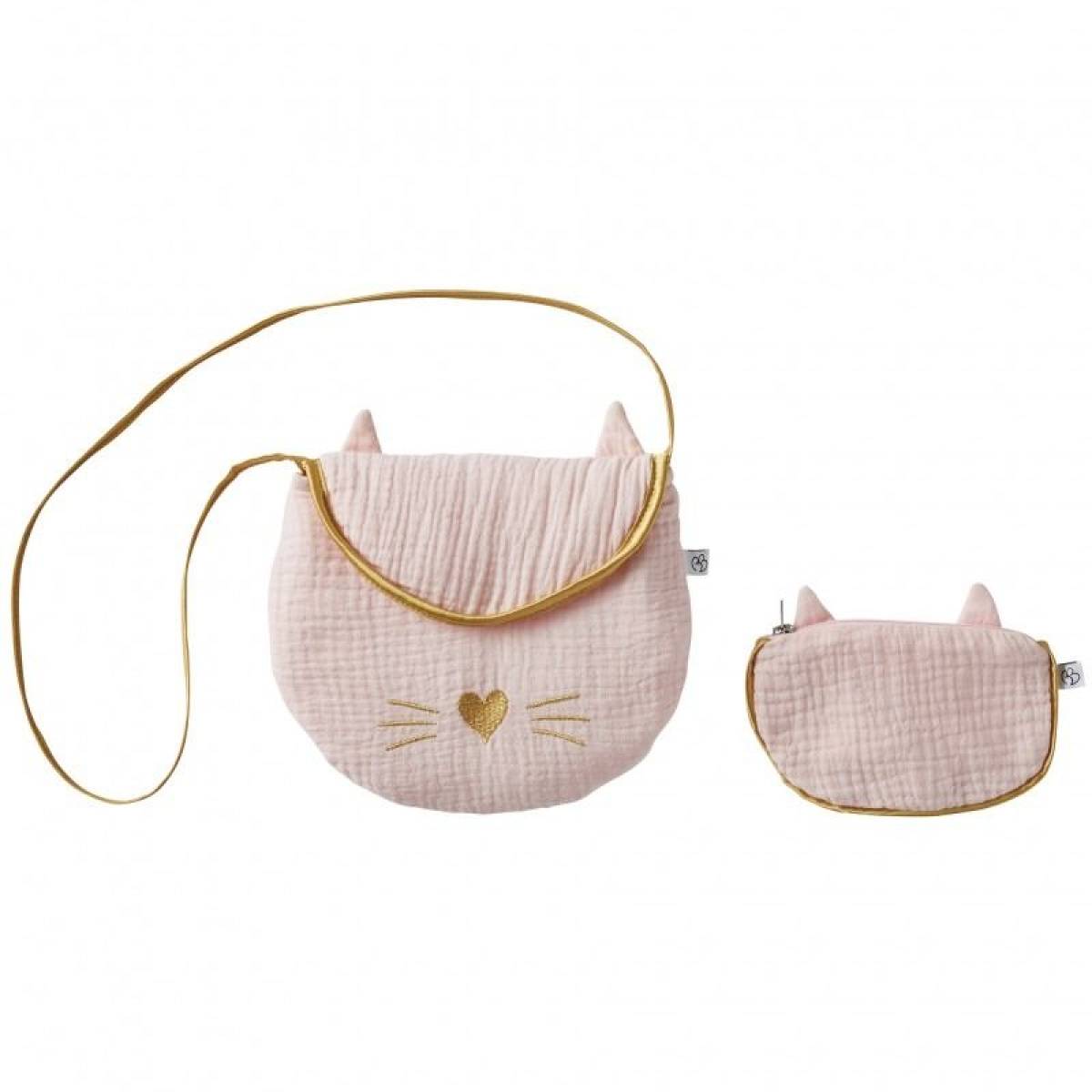 Sac bandoulière et porte-monnaie chat blush/or