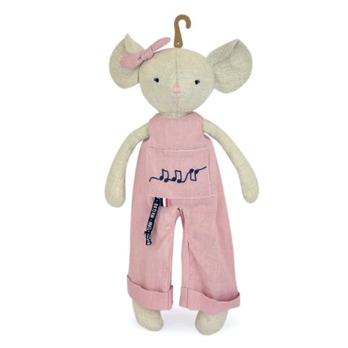 Peluche souris rose en lin avec salopette - Perlipopette