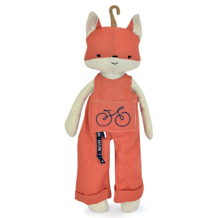 Peluche renard en lin avec salopette corail - Perlipopette