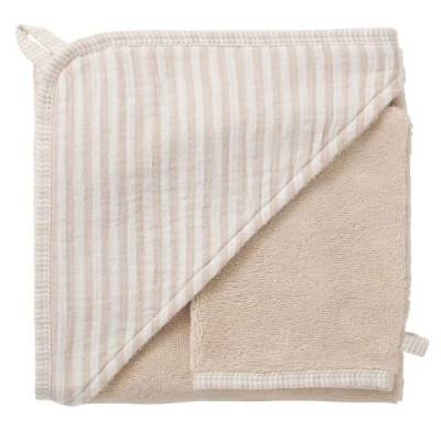 Cape de bain et gant de toilette rayé galet