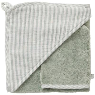 Cape de bain et gant de toilette rayé vert de gris