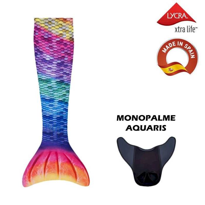 Queue de sirène avec monopalme Aquaris arc en ciel - Taille M