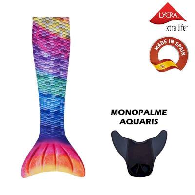 Queue de sirène avec monopalme Aquaris arc en ciel - Taille M