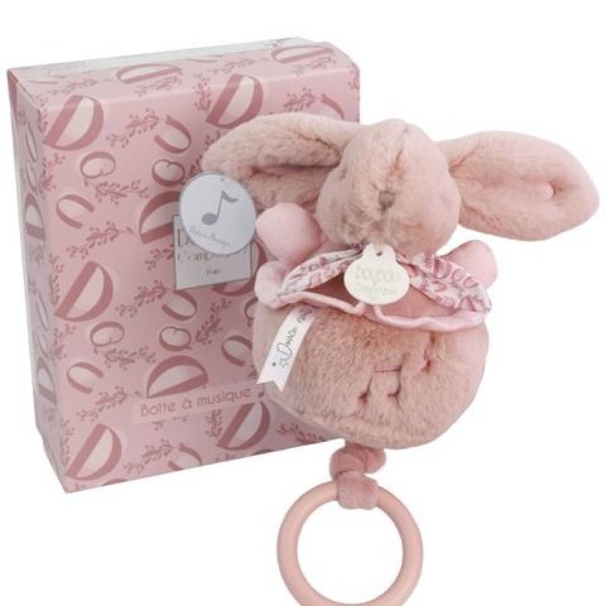 Boite à musique Lapin doudou rose 20cm