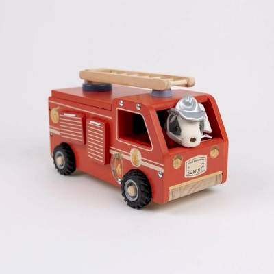 Grand camion de pompiers en bois et son ami miniature